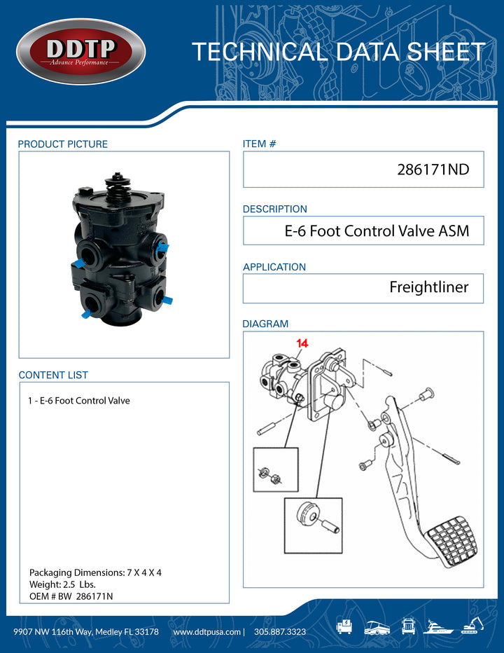 Válvula de control de pie E-6 Freightliner (BW 286171N)