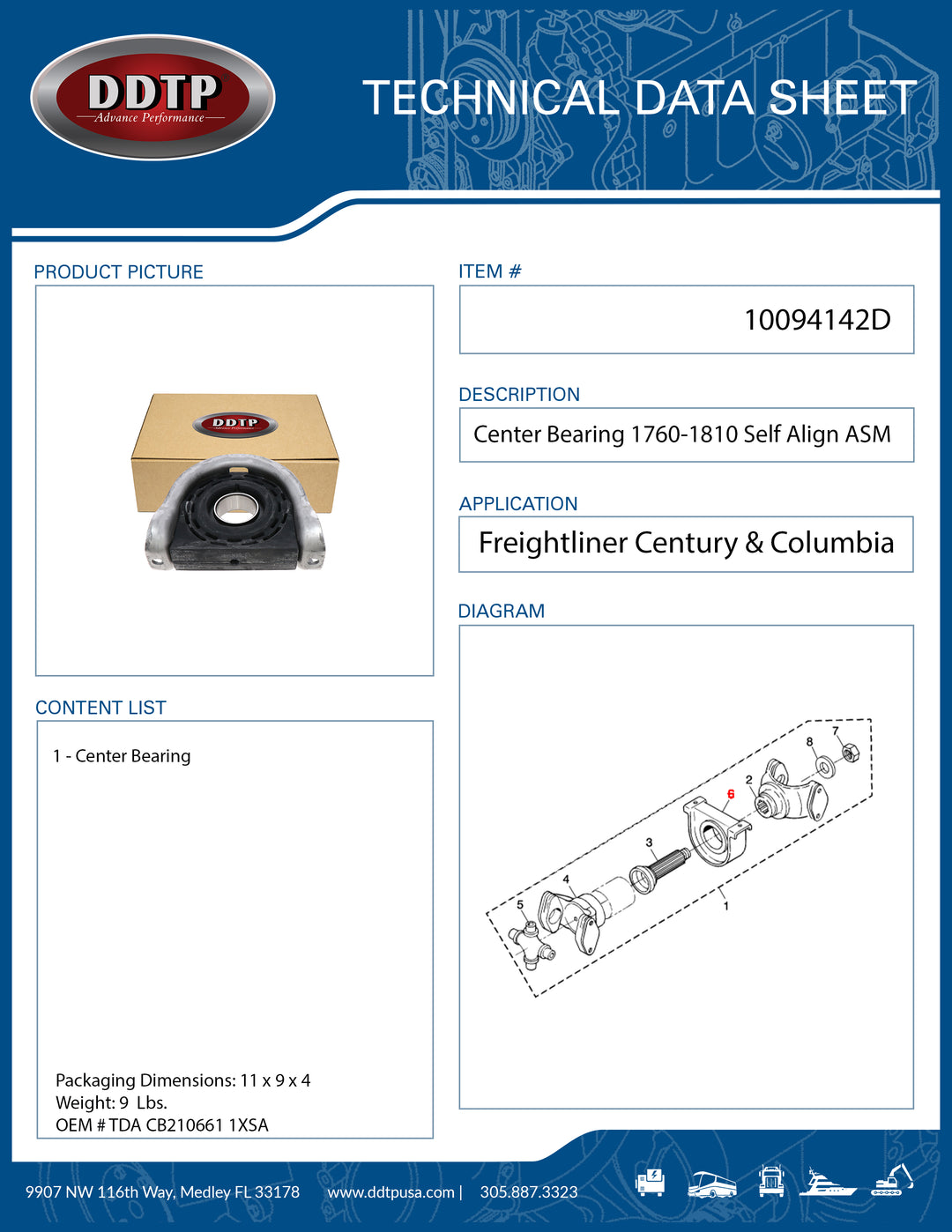 Center Bearing 1760-1810 Self Align Alt 210661-1XSA, 5003323 ( TDA CB210661 1XSA )