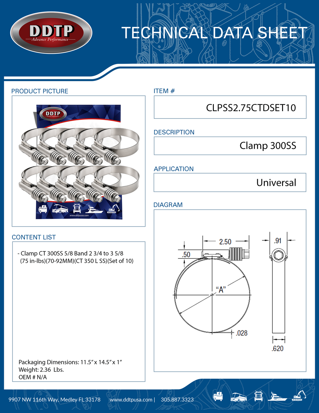 Clamp CT 300SS 5/8 Band 2 3/4 to 3 5/8 (75 in-lbs)(70-92MM)(CT 350 L SS)(Set of 10)