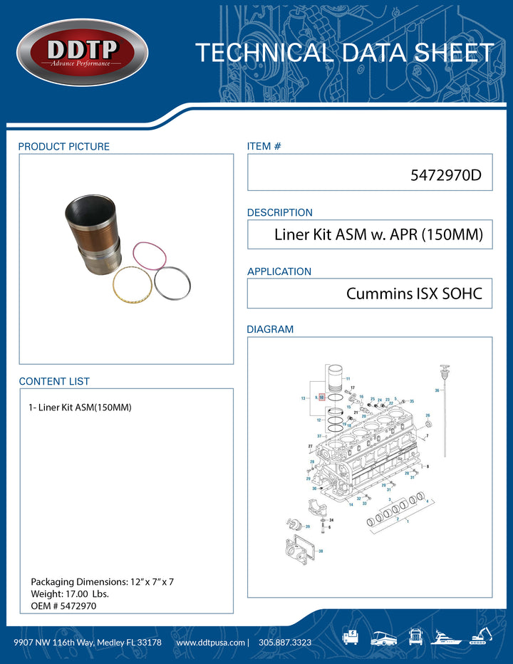 Cummins Cylinder Liner Kit – 150mm APR Anti-Polishing Ring – ISX / ISX15 / QSX15 Diesel Engines (5472970)
