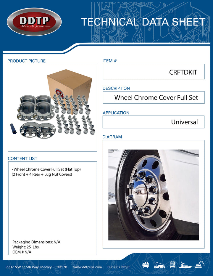 Wheel Chrome Cover Full Set (Flat Top)(2 Front + 4 Rear + Lug Nut Covers)