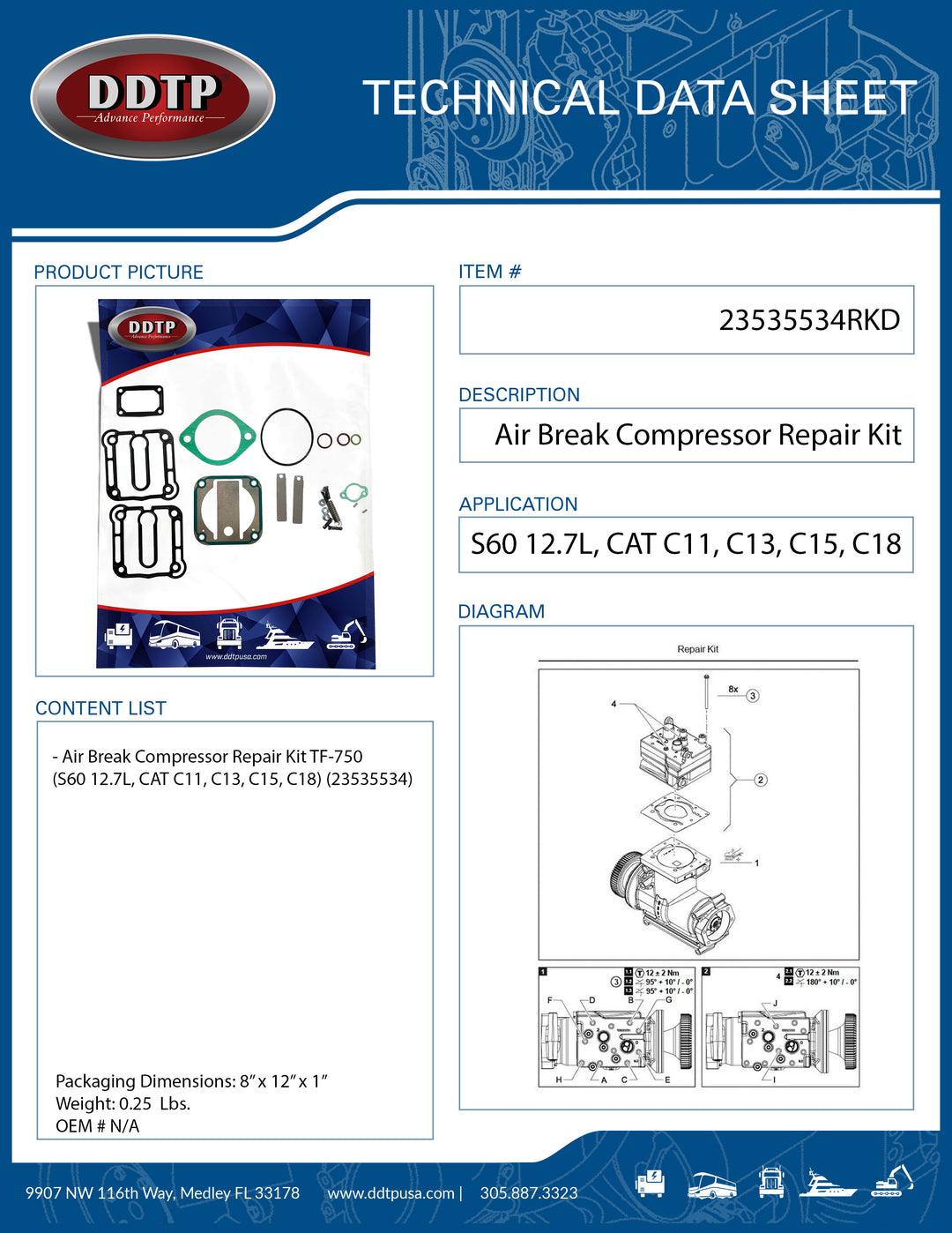 Air Brake Compressor Repair Kit TF-750 (S60 14L, CAT C11, C13, C15, C18) (23535534)
