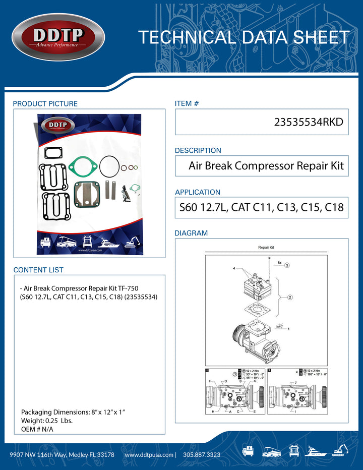 Air Brake Compressor Repair Kit TF-750 (S60 14L, CAT C11, C13, C15, C18) (23535534)