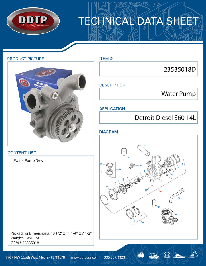 Brand New Water Pump Detroit Diesel S60 14L (23535018)