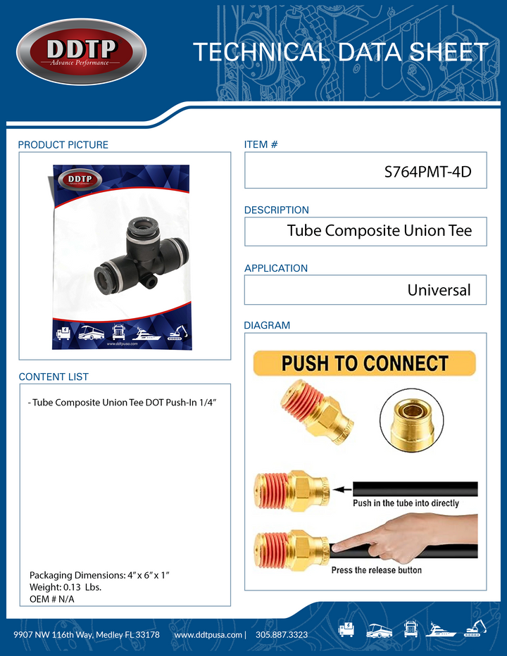 Tube Composite Union Tee DOT Push-In Fitting 1/4"