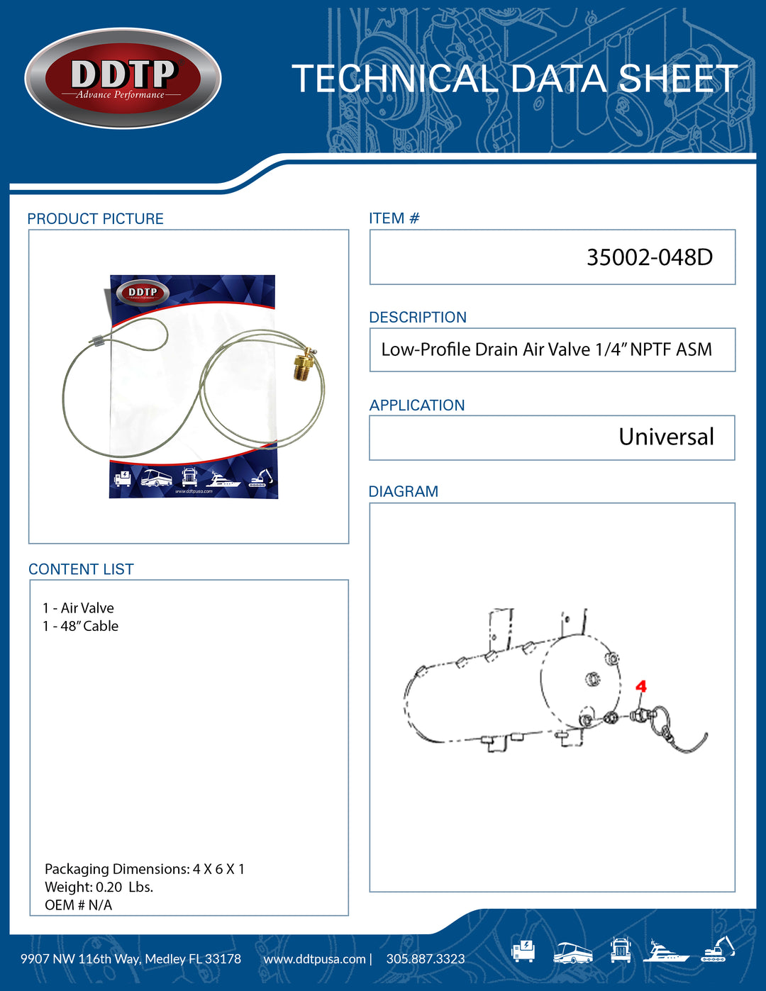 Low-Profile Drain Air Valve 1/4" NPTF with 48" Cable