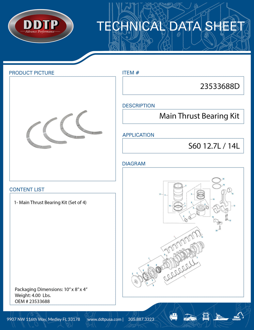Main Thrust Bearing Kit for Detroit Diesel Series 60 12.7L & 14.0L | Heavy Duty Engine Main Bearing Kit (23533688)