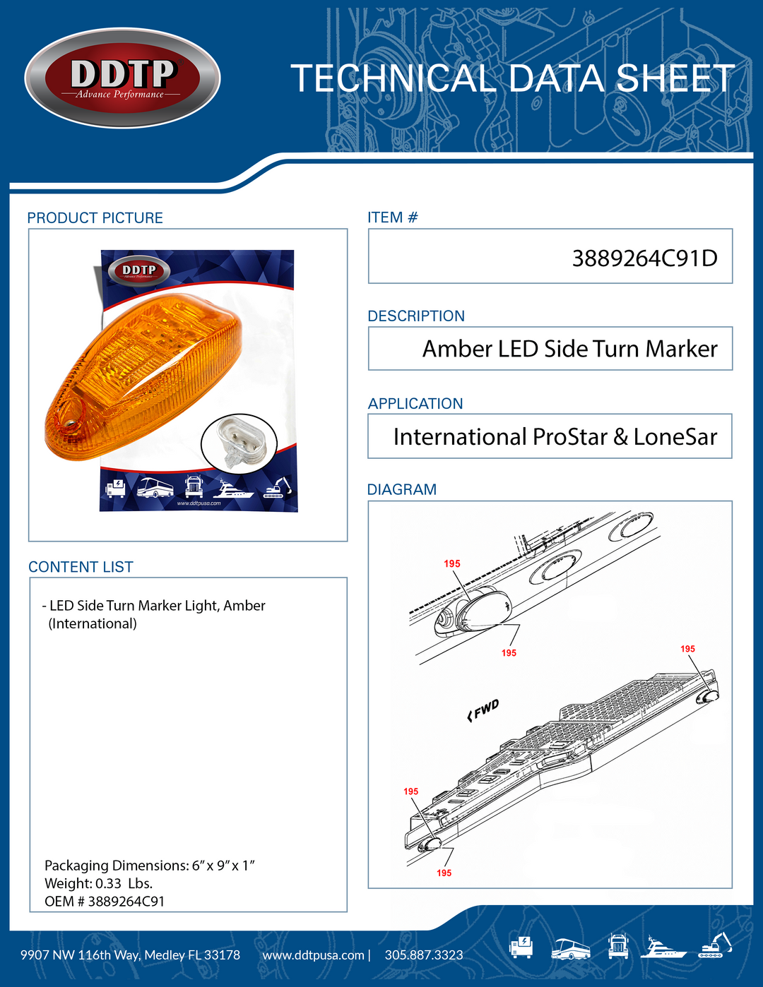 Amber LED cab turn signal and side marker light International ProStar & LoneStar