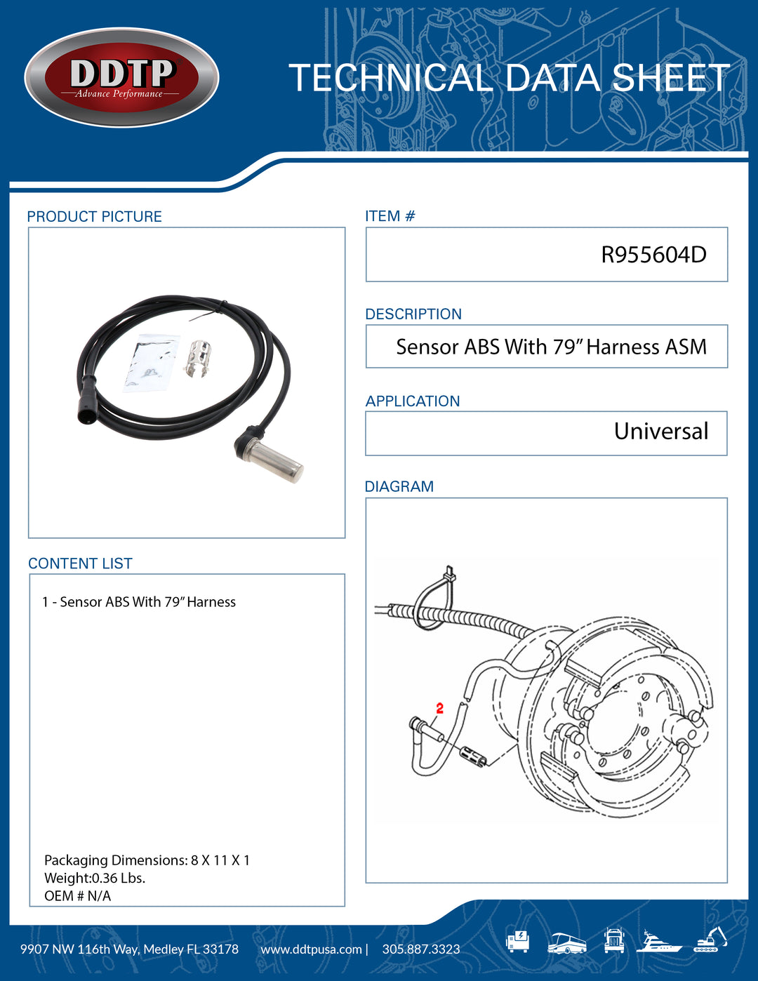 Sensor ABS With 79" Harness Cascadia 4410309012 ( R955604D )