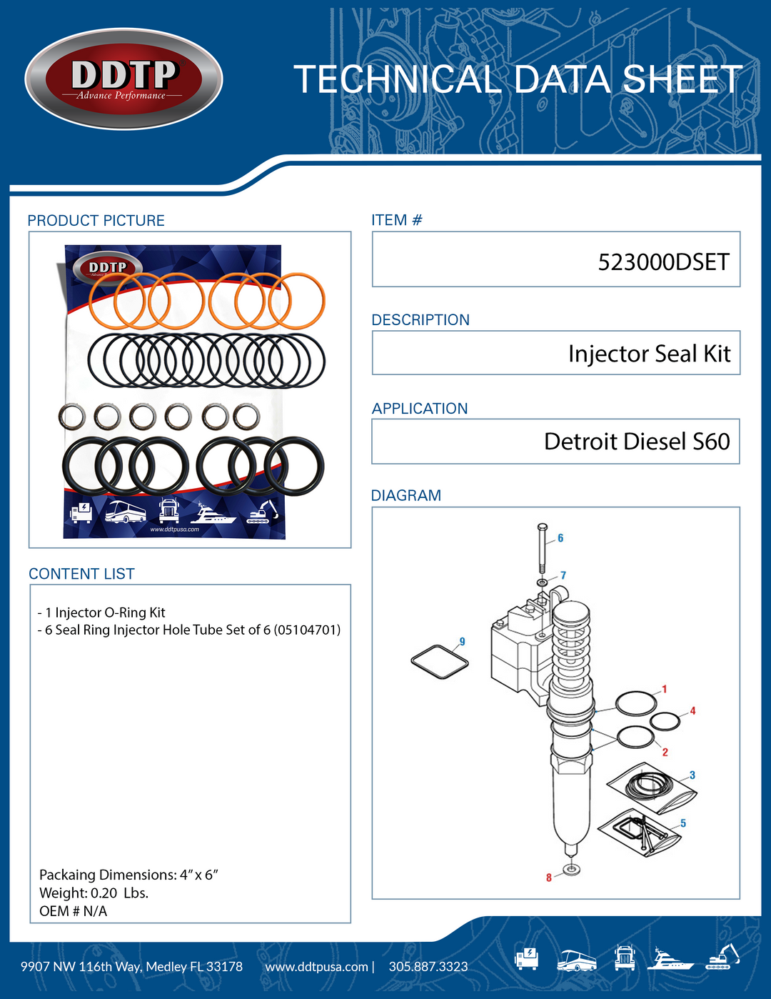 Injector Seal Kit for Detroit Diesel Engine Series 60 12.7L (Six Pack)