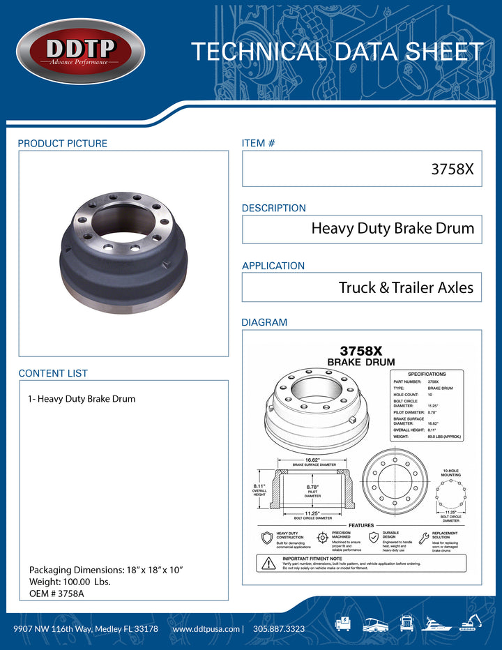 Heavy Duty Brake Drum | Commercial Truck Brake Drum Replacement | Precision Machined | 10-Hole Mounting (3758X)