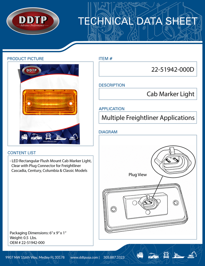 Clear LED Cab Marker Light, Rectangular Flush Mount Female Plug Connector for Freightliner Cascadia, Century, Columbia & Classic Models