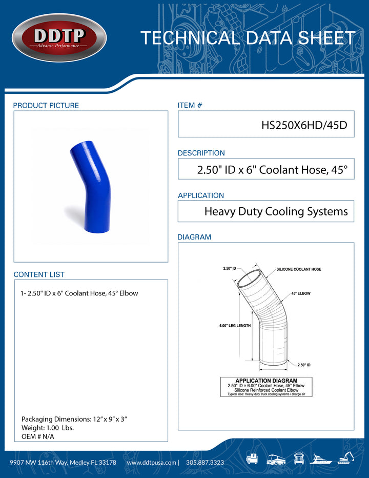 2.50" ID x 6" Long Silicone Coolant Hose, 45 Degree Elbow (HS250X6HD/45D)
