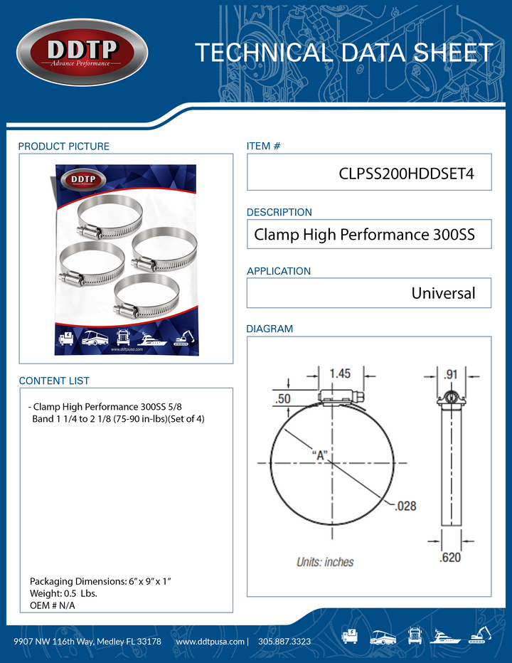 Clamp High Performance 300SS 5/8 Band 1 1/4 to 2 1/8 (75-90 in-lbs)(Set of 4)