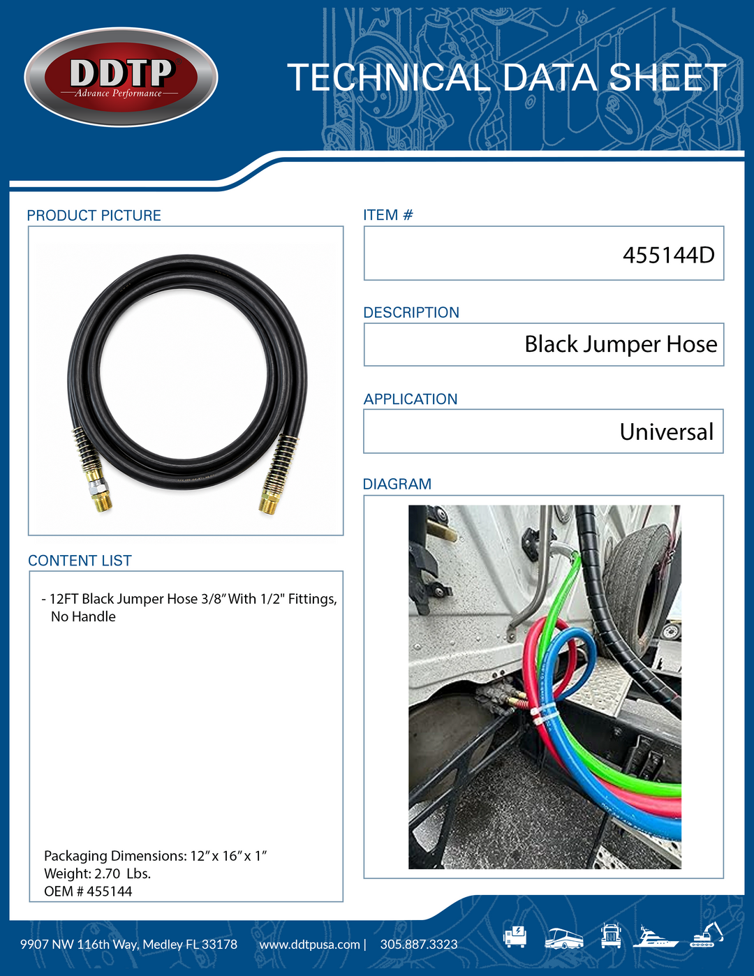 12FT Black Jumper Hose 3/8” With 1/2" Fittings, No Handle