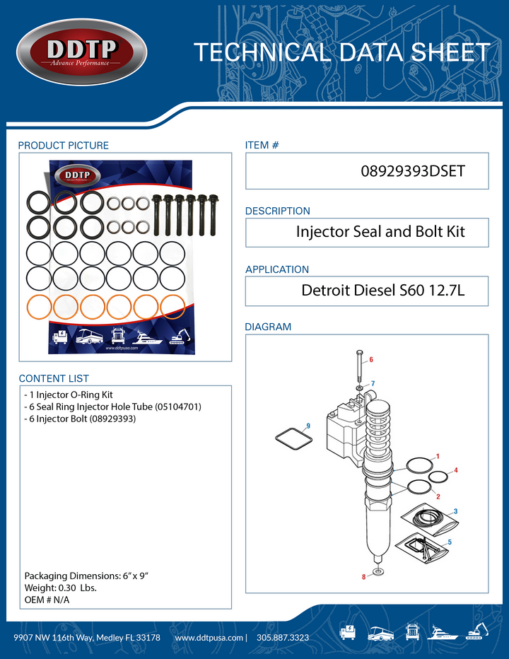 Injector Seal and Bolt Kit for Detroit Diesel Engine Series 60 12.7L Six Pack (08929393)