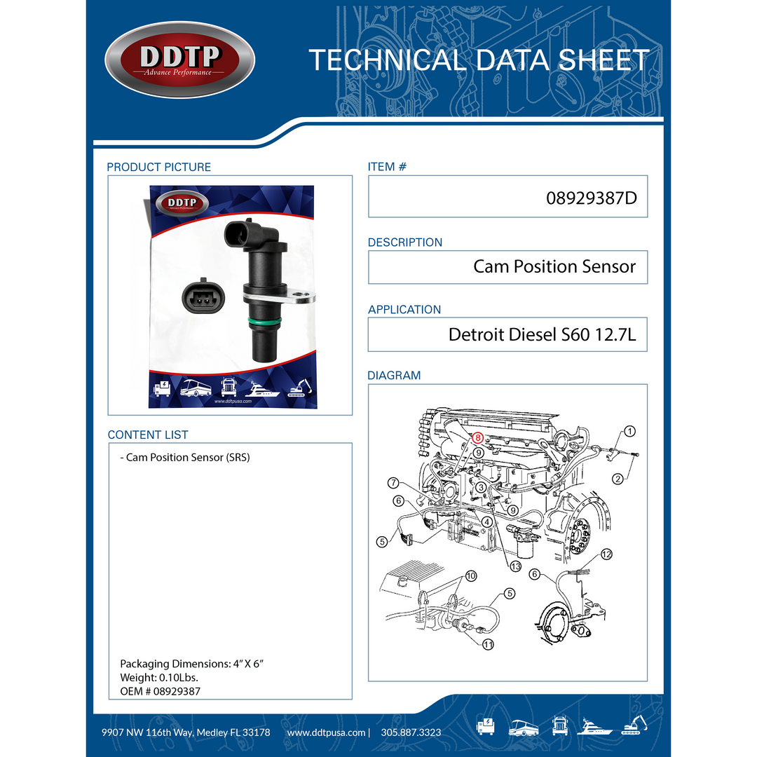 Sensor de posición del árbol de levas (SRS) S60 12.7L (08929387)