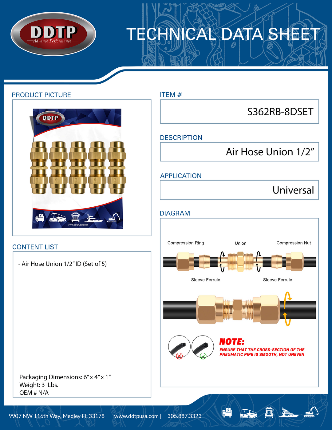 Air Brake Fitting Inch Hose Union 1/2" ID (Set of 5)