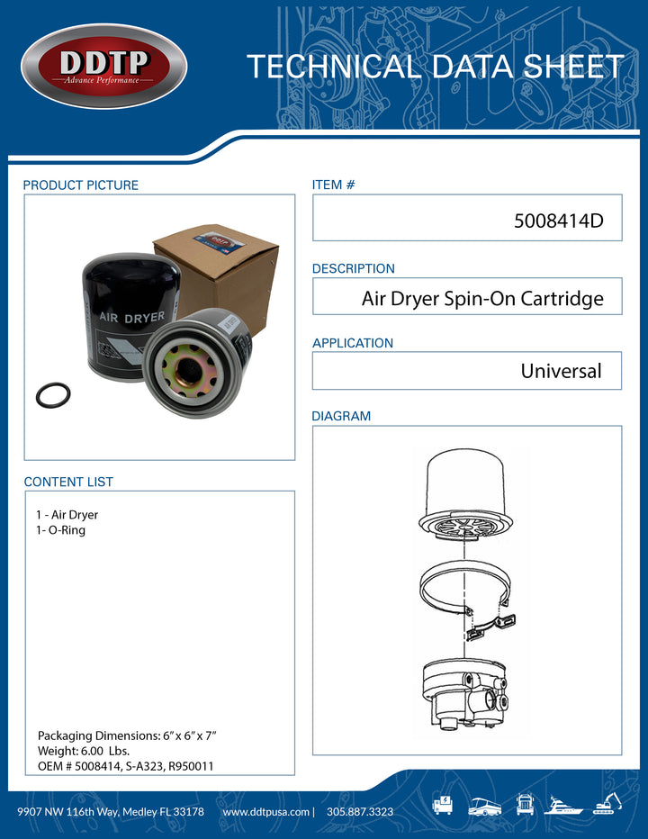 Air Dryer Spin-On Standard Desiccant Cartridge (1000, 1200)(R950011)(955205D)(5008414)