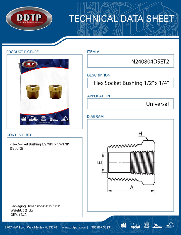 Hex Socket Bushing 1/2"NPT x 1/4"FNPT (Set of 2)