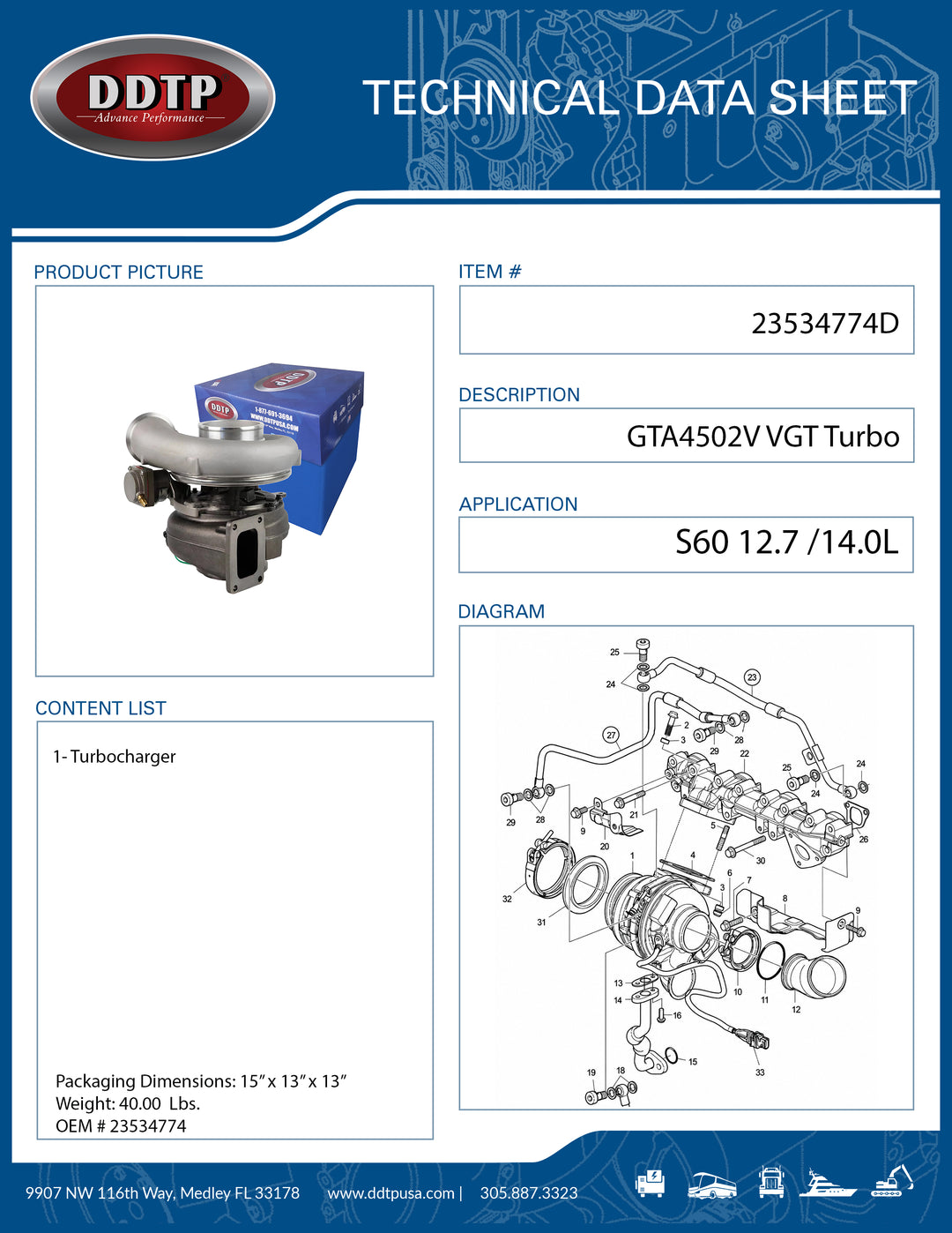 Turbocharger for Detroit Diesel Series 60 12.7L & 14.0L EGR Engines | GTA4502V VGT Turbo (23534774)
