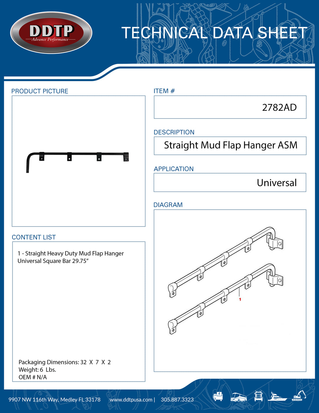 Straight Heavy Duty Mud Flap Hanger Universal Square Bar 29.75"