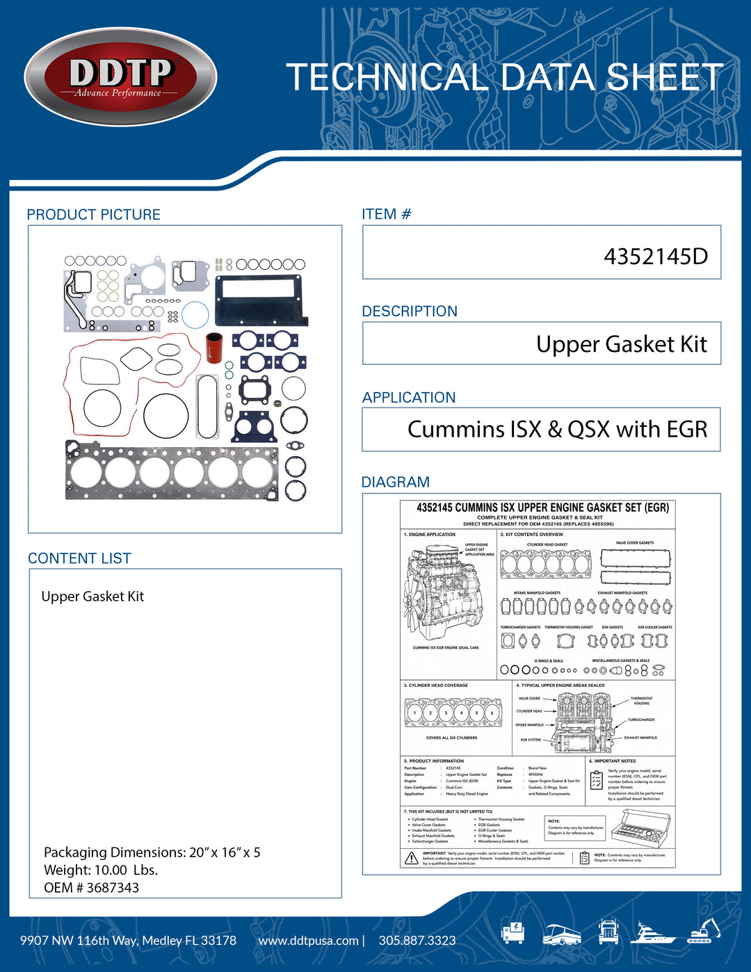 Cummins ISX Upper Engine Gasket Set | EGR | Dual Cam | Heavy Duty Engine Gasket Kit (4352145)