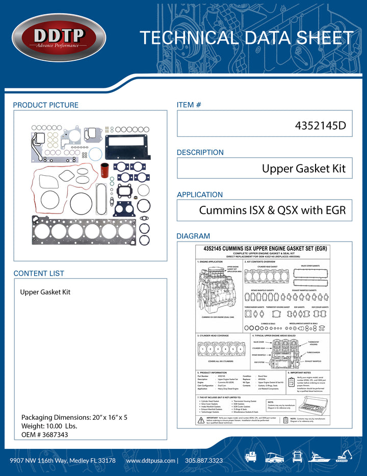 Cummins ISX Upper Engine Gasket Set | EGR | Dual Cam | Heavy Duty Engine Gasket Kit (4352145)