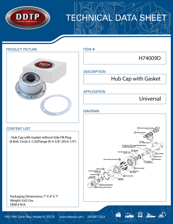 Hub Cap with Gasket without Side Fill Plug (6 Bolt, Circle 5-1/2)(Flange ID 4-3/8", OD 6-1/4")(Alt 340-4009)