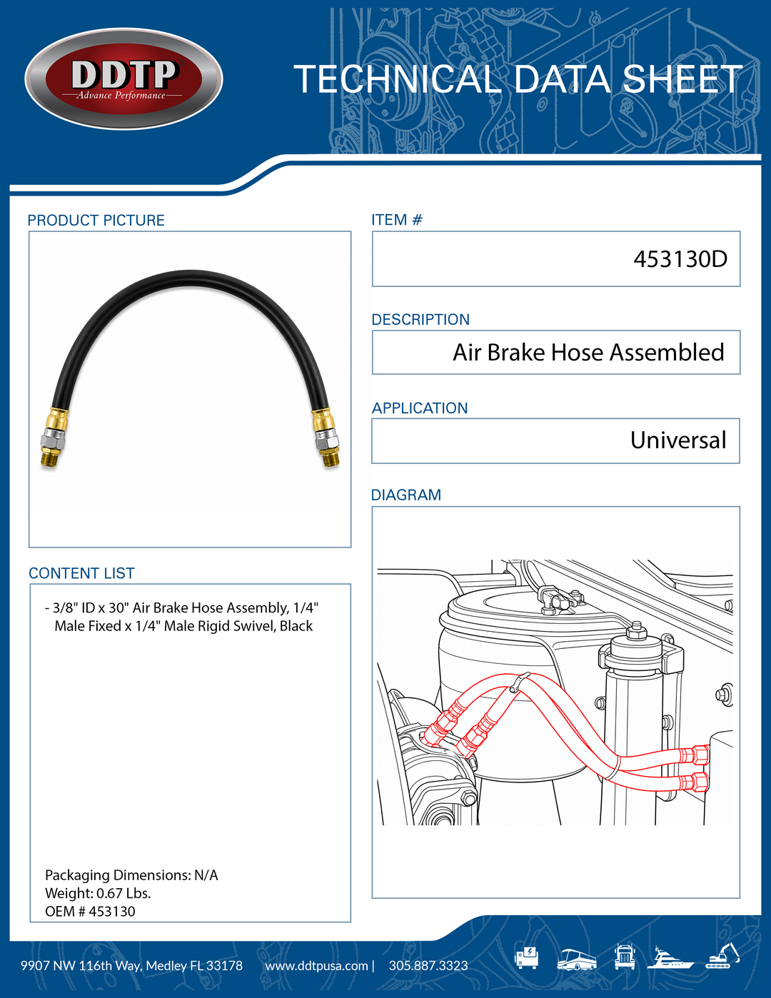 3/8" ID x 30" Air Brake Hose Assembly, 1/4" Male Fixed x 1/4" Male Rigid Swivel, Black