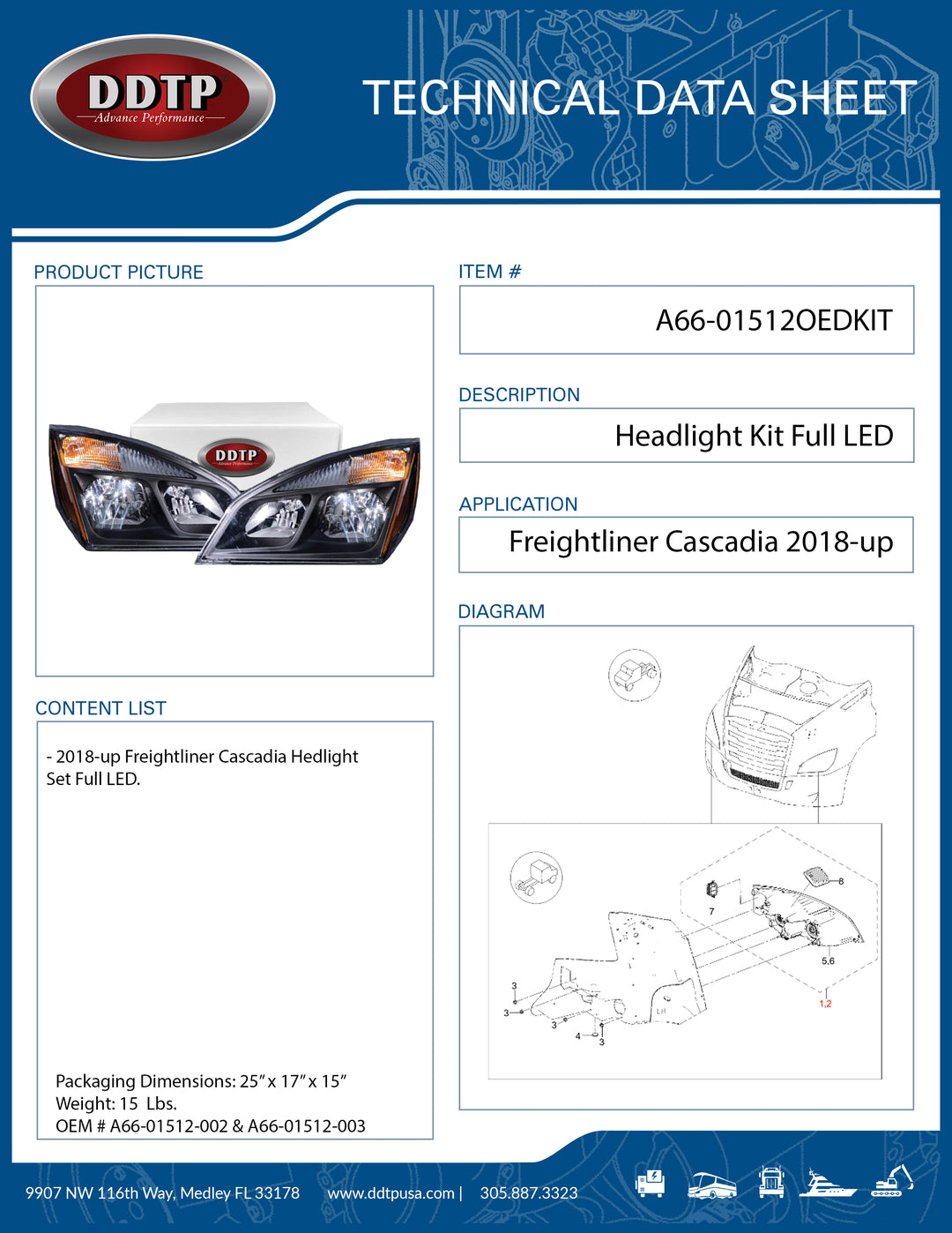 Set of 2 LH & RH Headlamp Assembly with Bulbs Freightliner Cascadia 2018-up (A66-01512-002 & A66-01512-003)