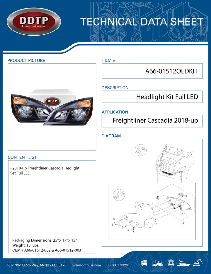 Set of 2 LH & RH Headlamp Assembly with Bulbs Freightliner Cascadia 2018-up (A66-01512-002 & A66-01512-003)