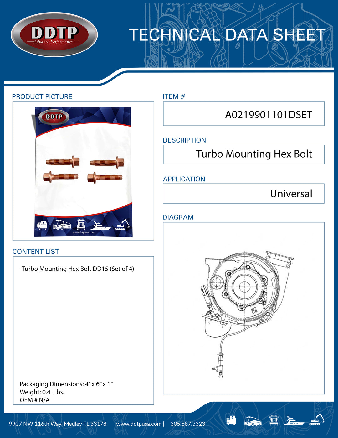 Turbo Mounting Hex Bolt DD15 (Set of 4)