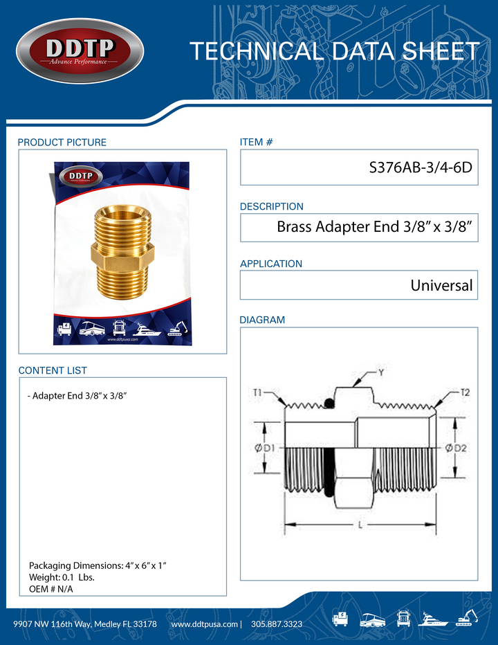 Air Brake Fitting Brass Adapter End 3/8"OD x 3/8"NPT
