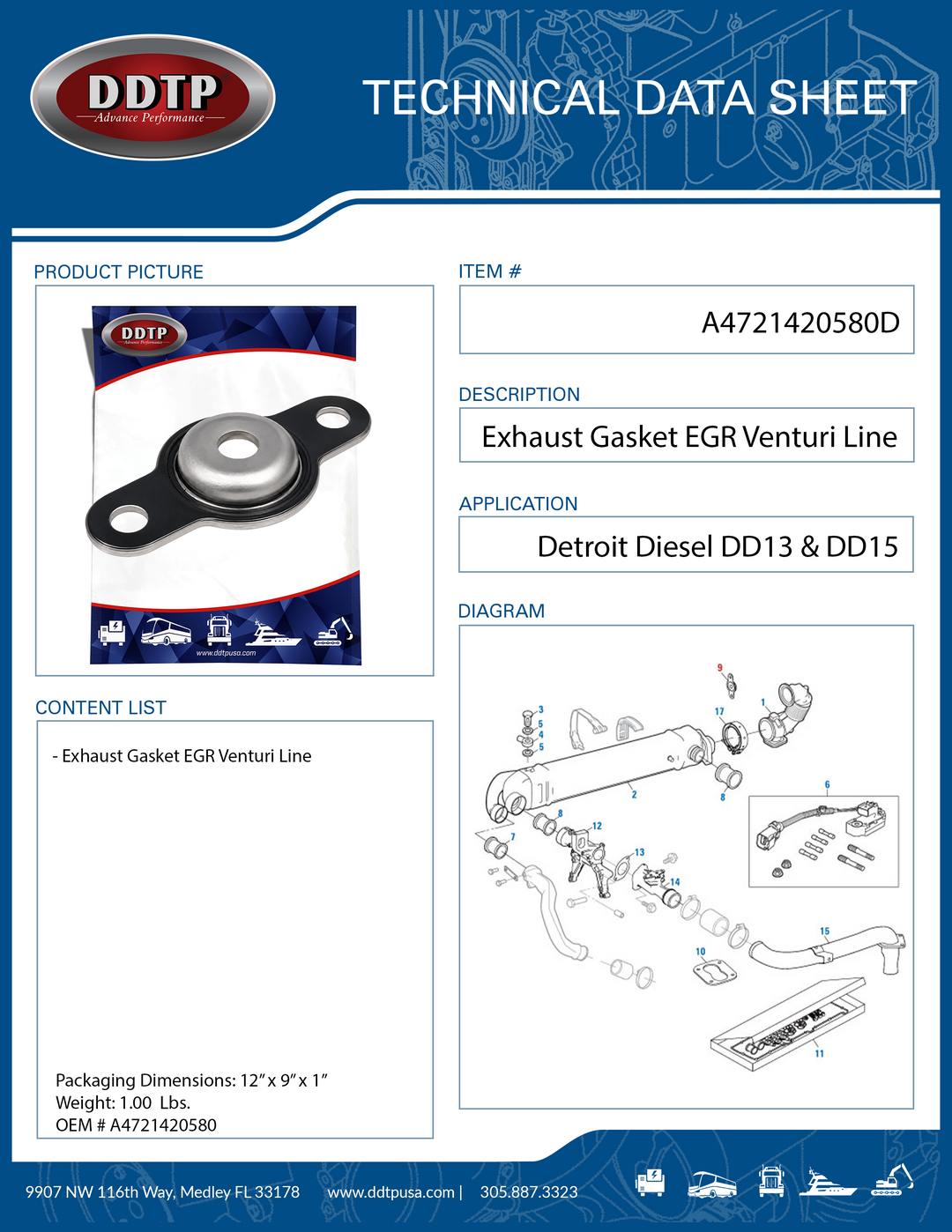Exhaust Gasket EGR Venturi Line Detroit Diesel DD13 & DD15