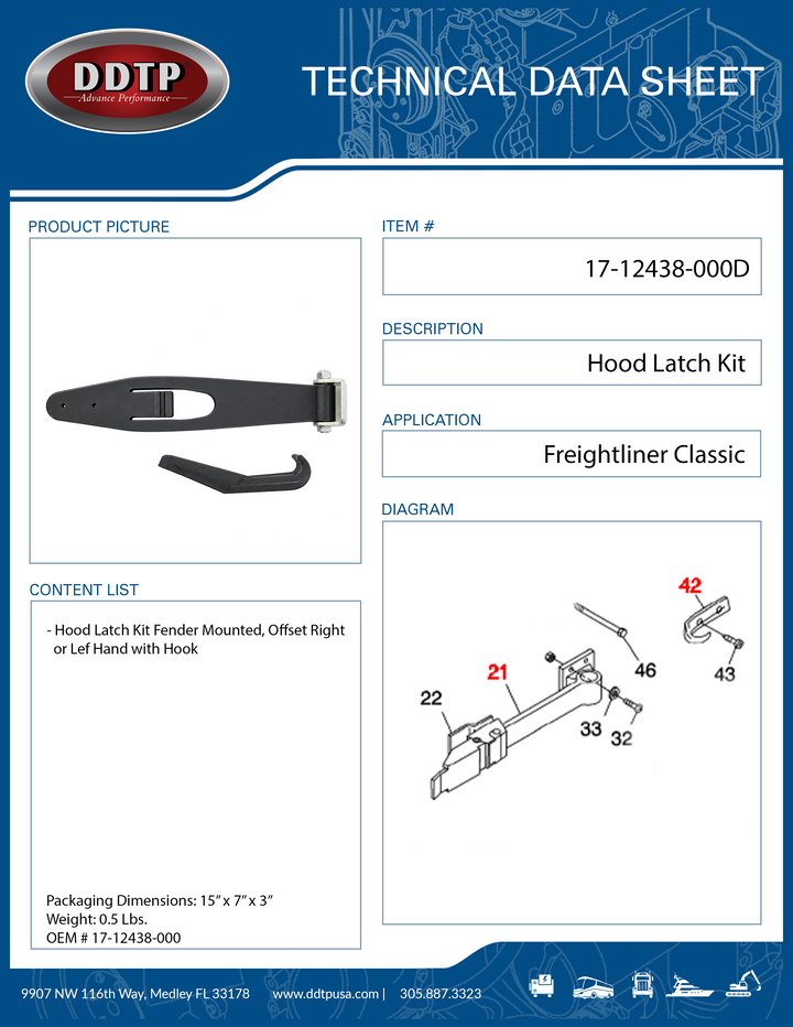 Hood Latch Kit Fender Mounted, Offset RH or LH with Hook Freightliner Classic