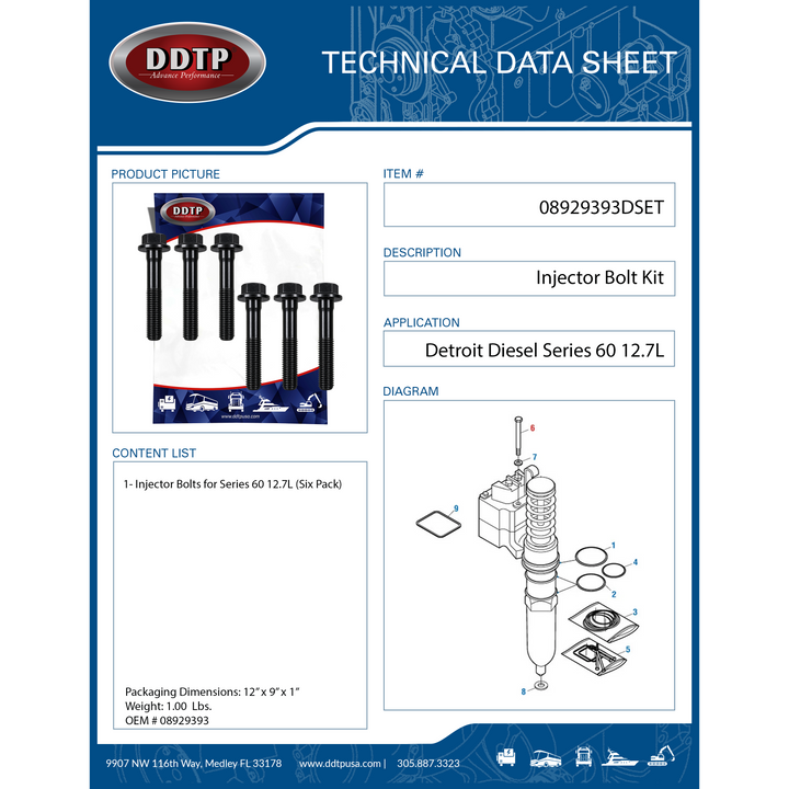 Kit de sellos y pernos de inyector para motor Detroit Diesel Serie 60, 12,7 L, paquete de seis (08929393)