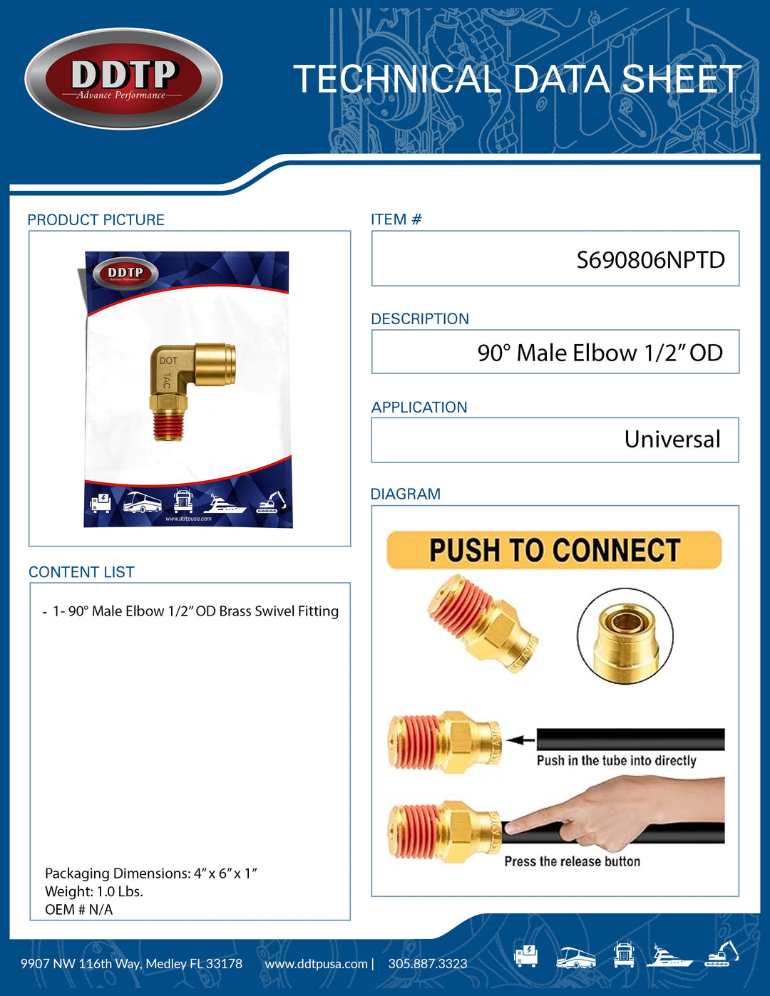 Fitting Push-In Brass 90° Swivel Male Elbow 1/2" x 3/8"