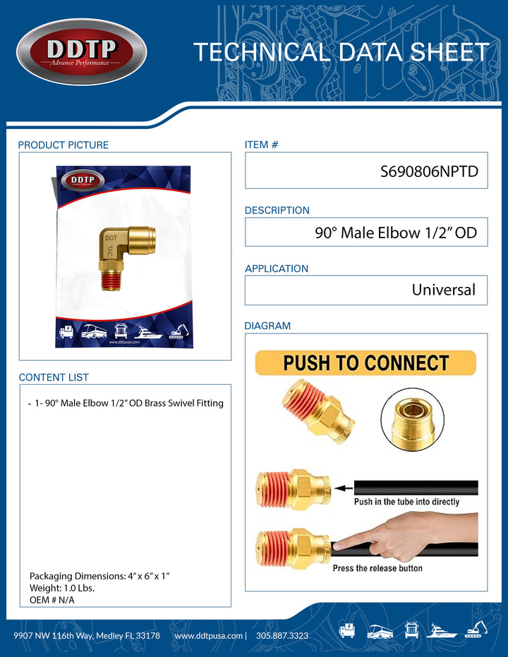 Fitting Push-In Brass 90° Swivel Male Elbow 1/2" x 3/8"