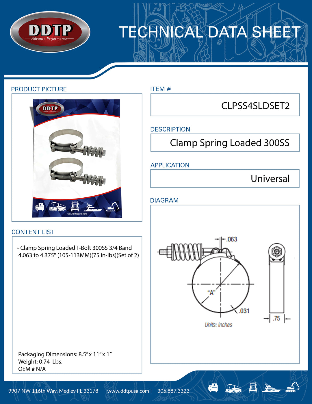 Clamp Spring Loaded T-Bolt 300SS 3/4 Band 4.063 to 4.375" (105-113MM)(75 in-lbs)(Set of 2)