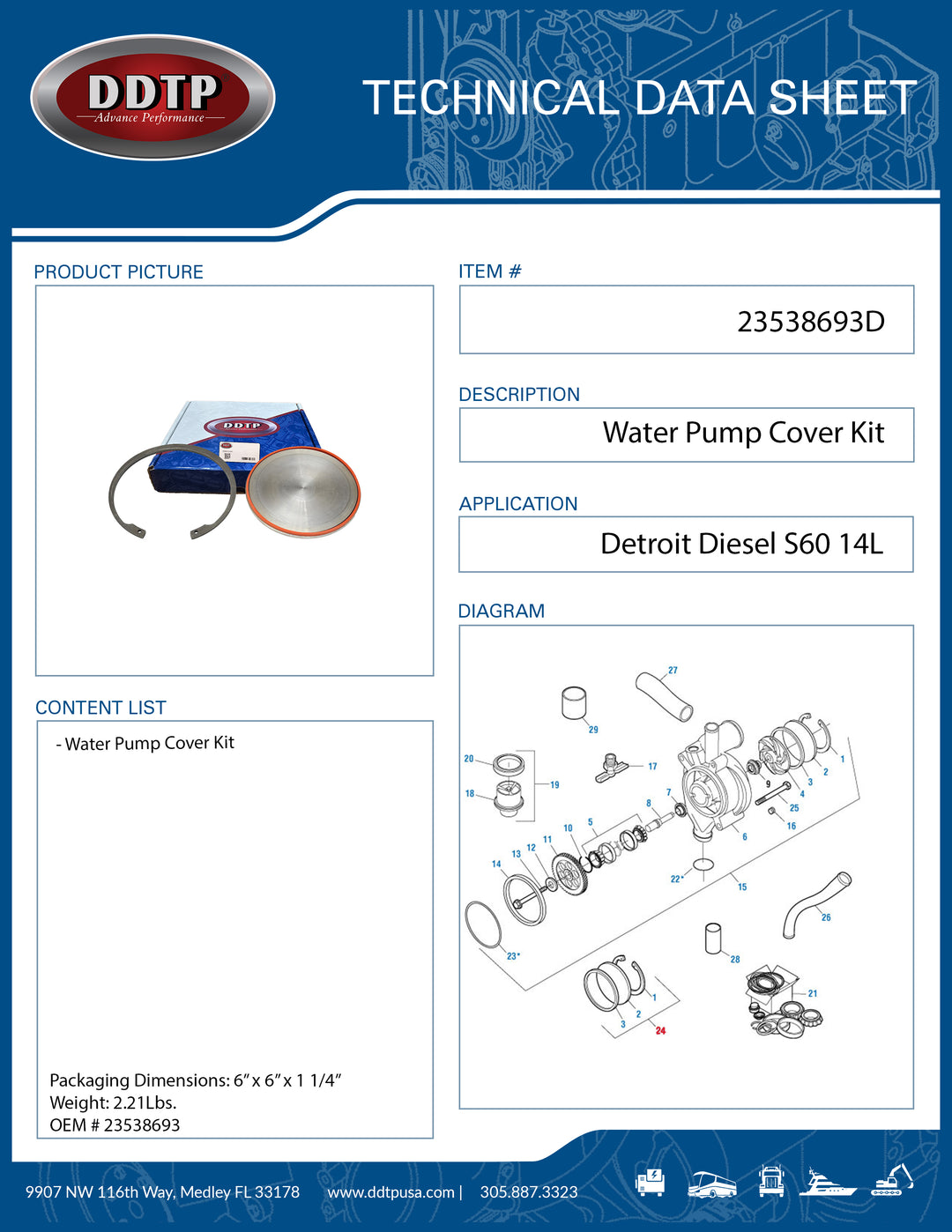 Water Pump Cover Kit Detroit Diesel S60 14L ( 23538693 )