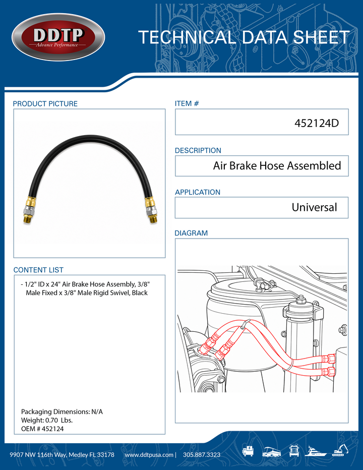 1/2" ID x 24" Air Brake Hose Assembly, 3/8" Male Fixed x 3/8" Male Rigid Swivel, Black