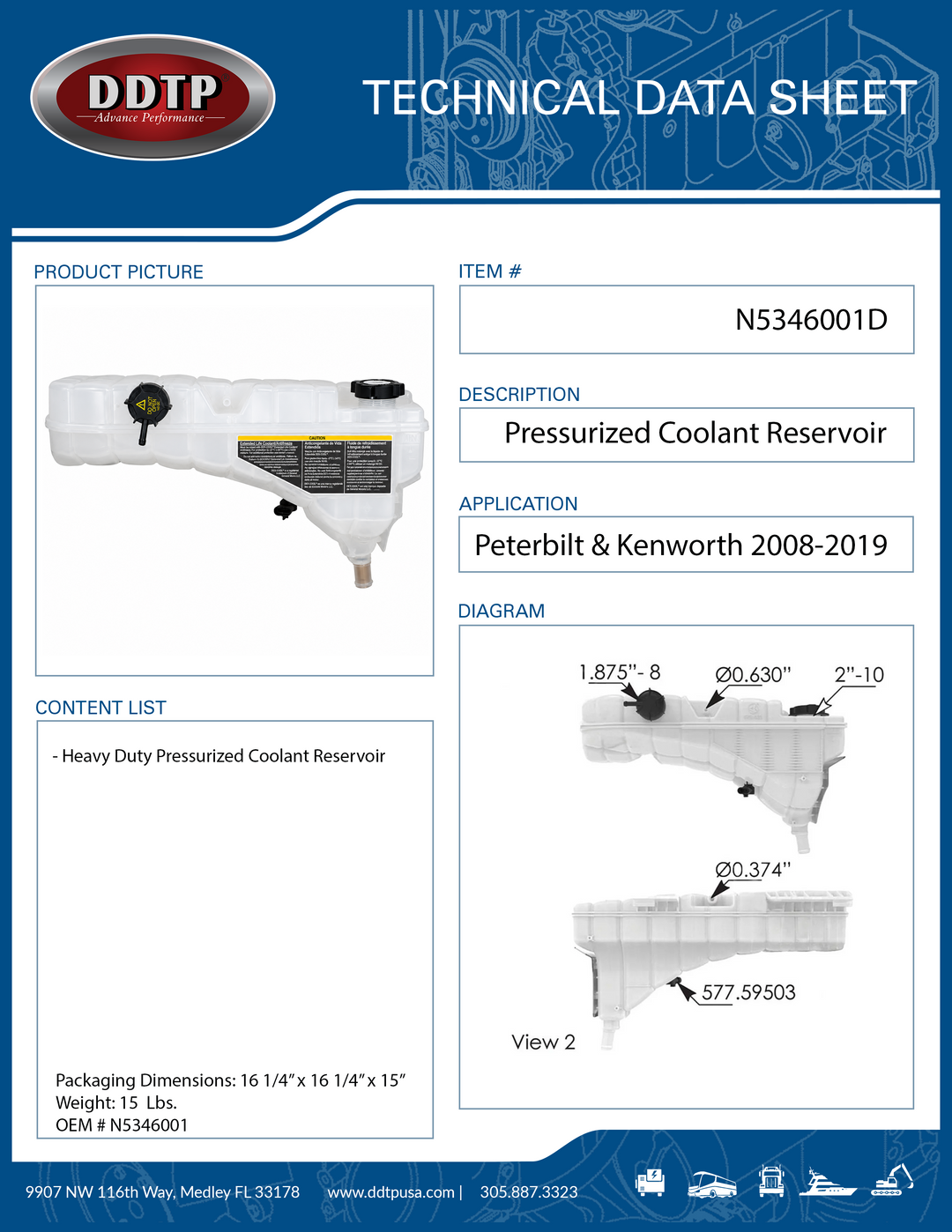 Heavy Duty Pressurized Coolant Reservoir with Cap and Sensor Kenworth & Peterbilt 2008-2019