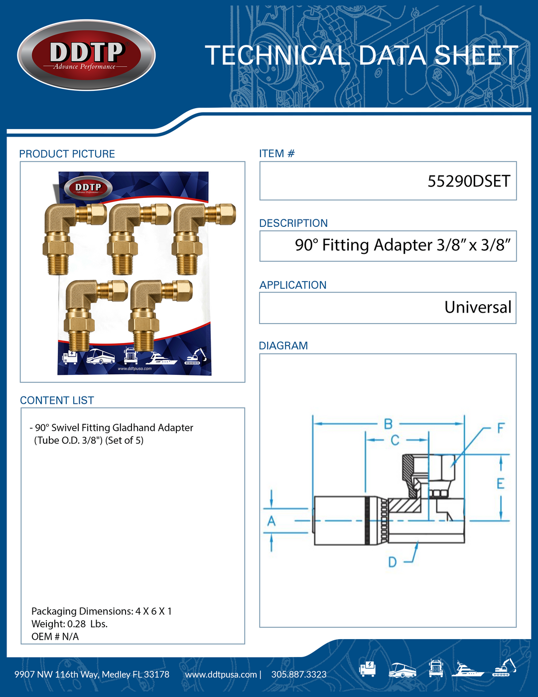 Brass 90° Swivel Fitting Gladhand Adapter Tube O.D. 3/8" (Set of 5)