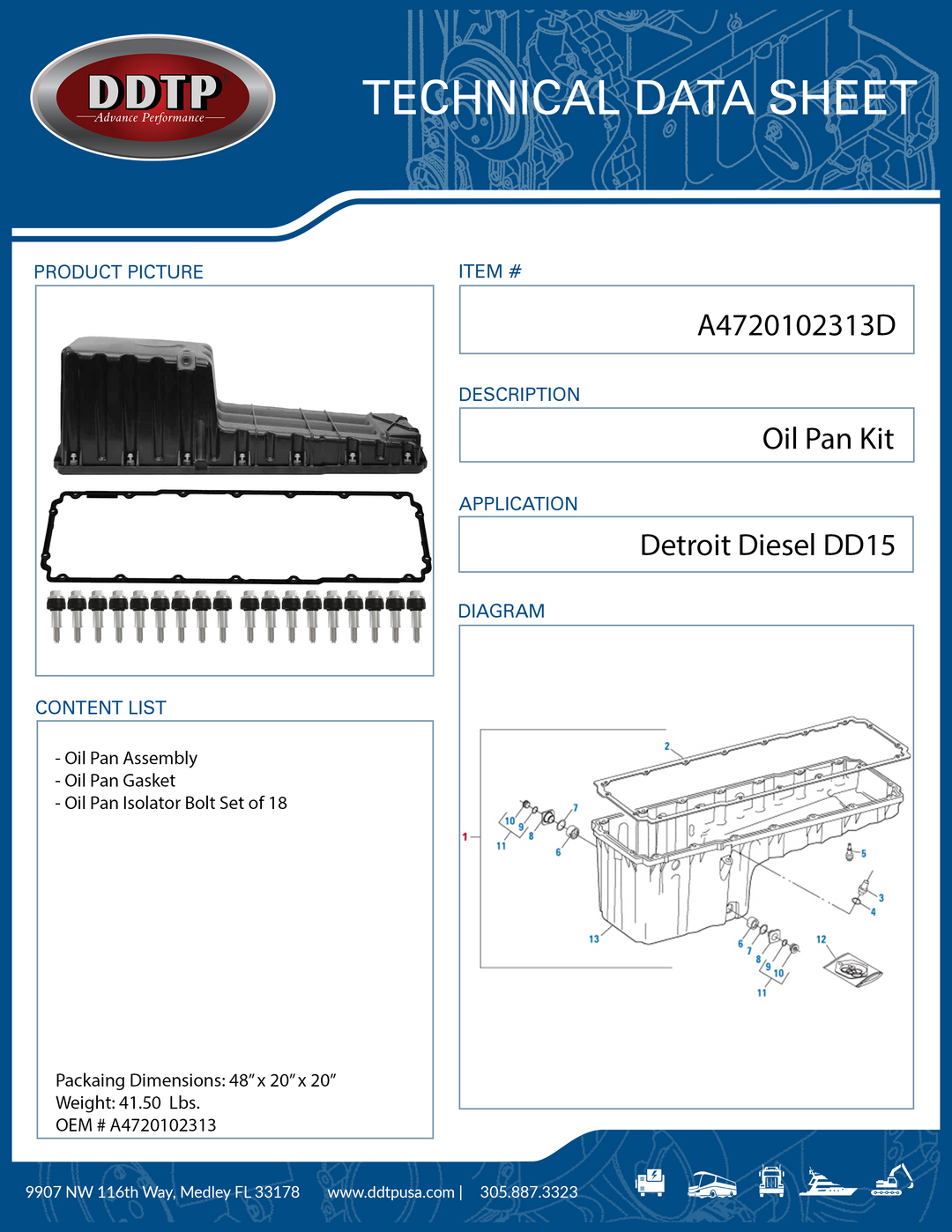 Oil Pan ASM, Isolator Bolts & Gasket Detroit Diesel DD15 (A4720102313)