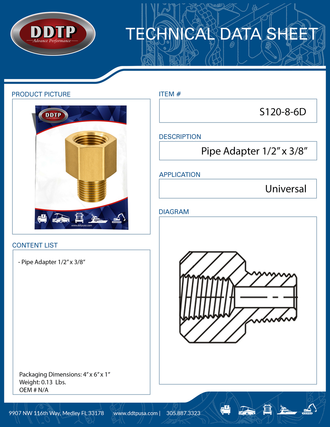 Brass Pipe Adapter Fitting 1/2" x 3/8"