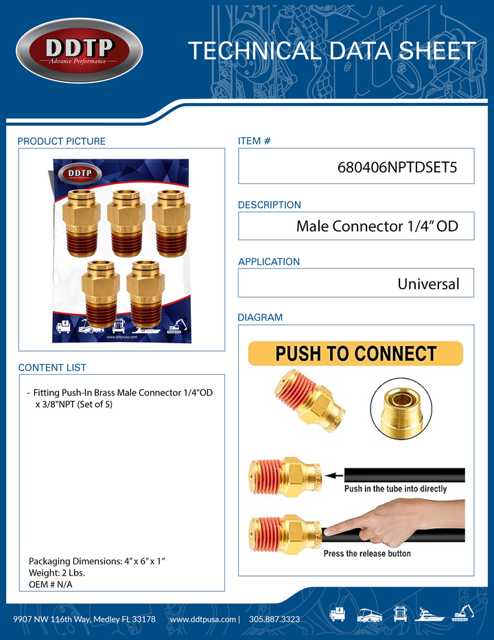 Conector macho de 1/4" de diámetro exterior x 3/8" NPT (juego de 5)