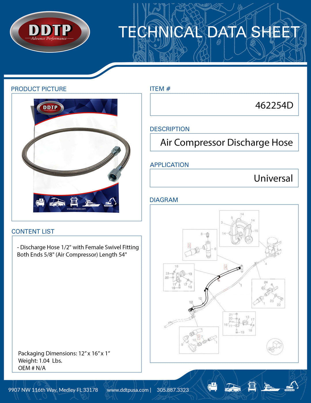 Manguera de descarga para compresor de aire con conector giratorio hembra de 5/8" en ambos extremos, 54"