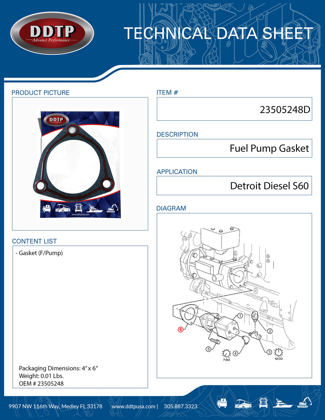 Fuel Pump Gasket Detroit Diesel S60 ( 23505248 )