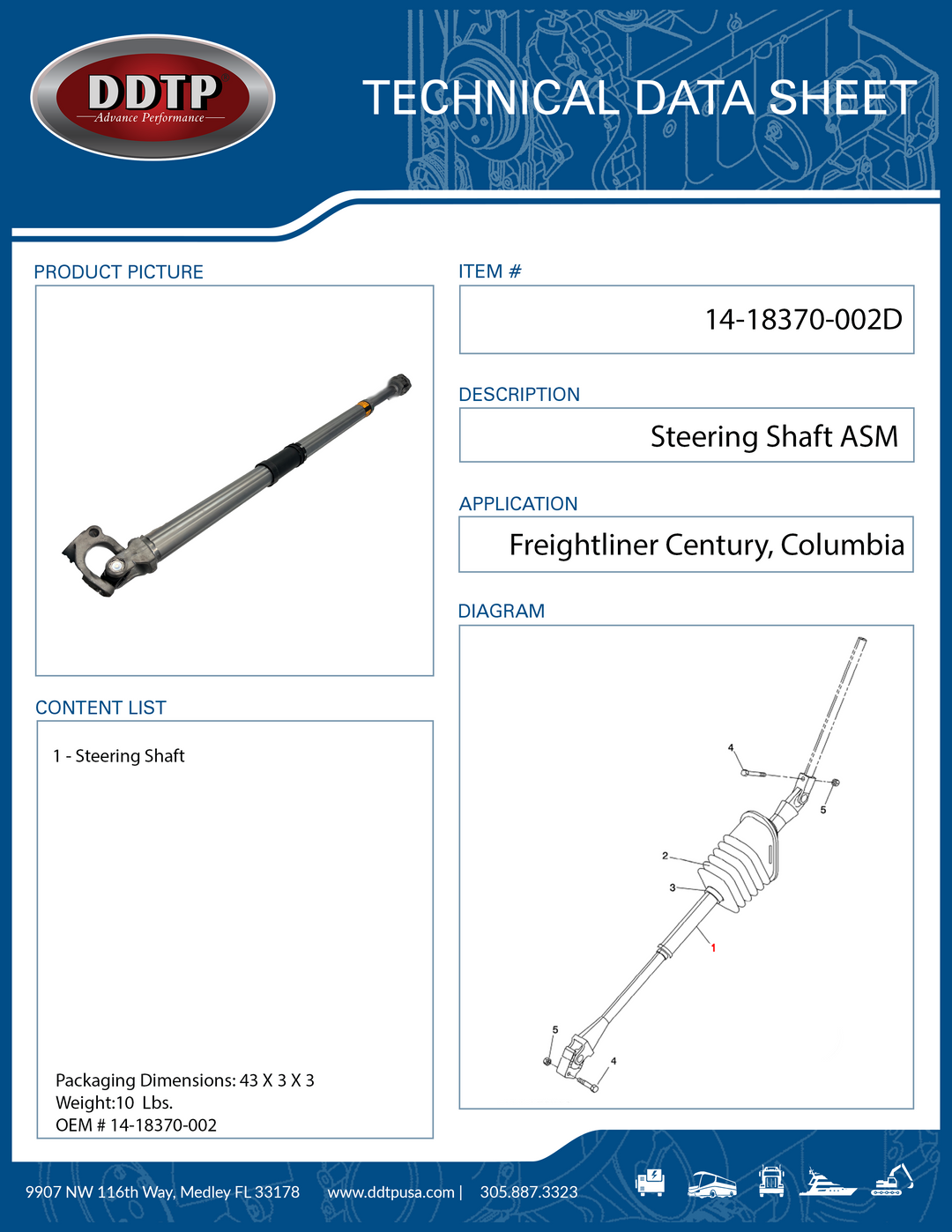 Steering Shaft Assembly Century, Columbia ( 14-18370-002 )